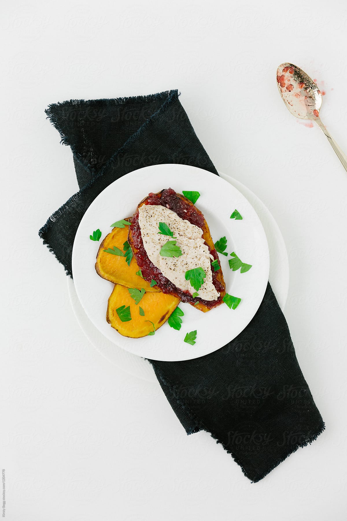 Overhead of sweet potato (yam) toast with turkey and cranberry s