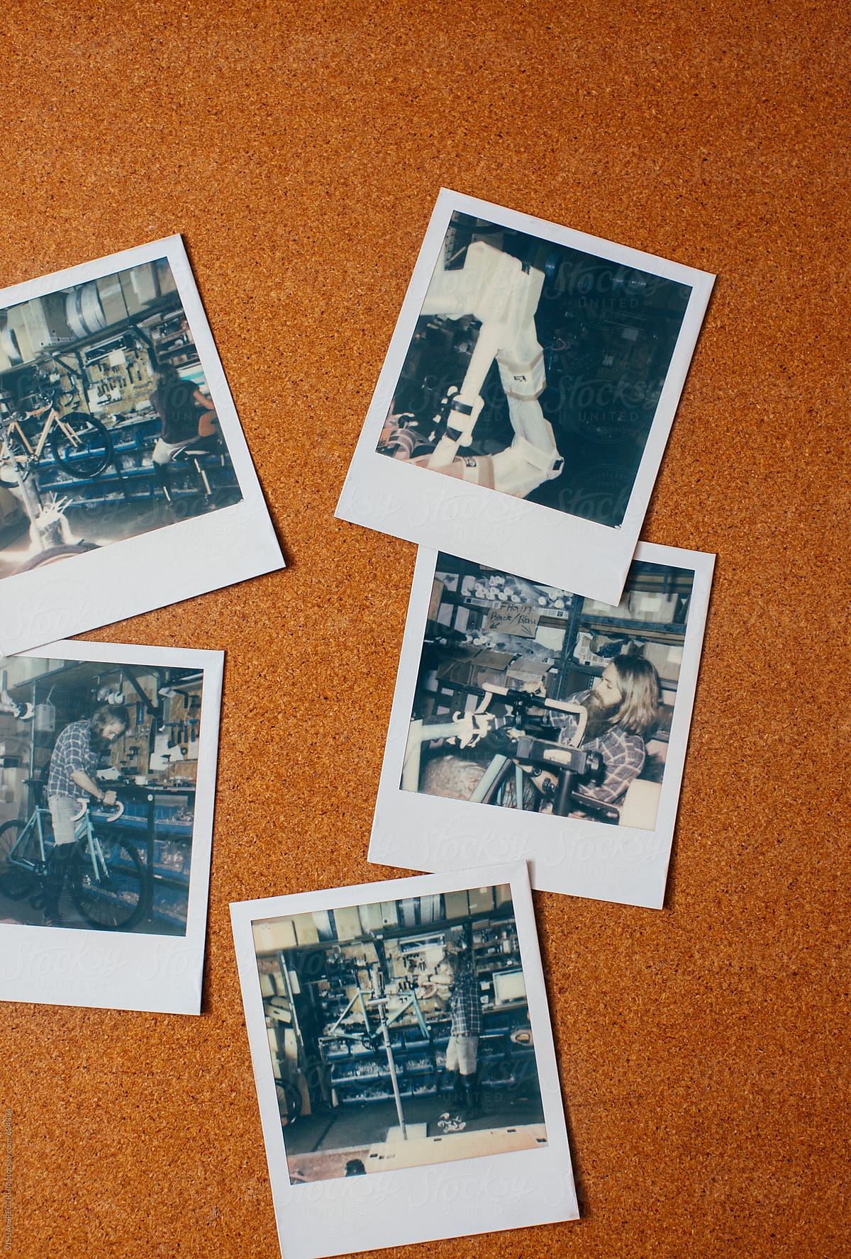 Five Polaroid Images of Hipster Bicycle Mechanic at Work