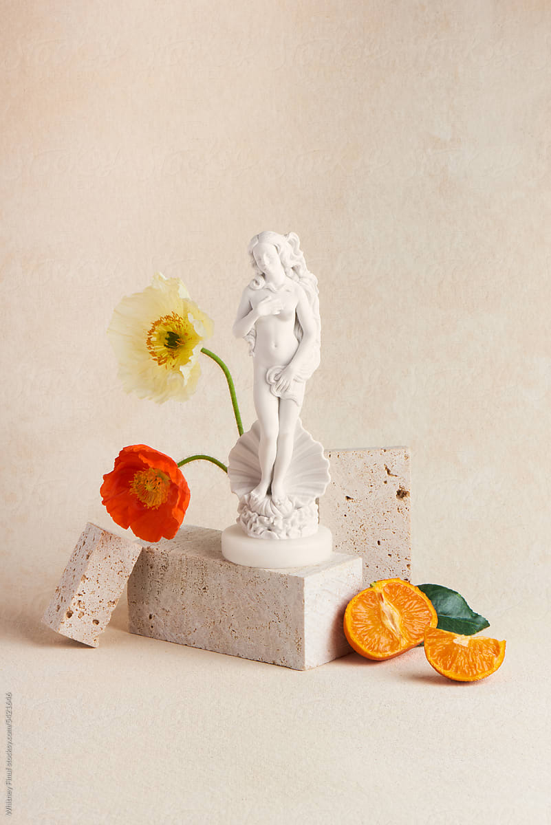 Feminine Italian Marble Statue of Female Figure with Poppies