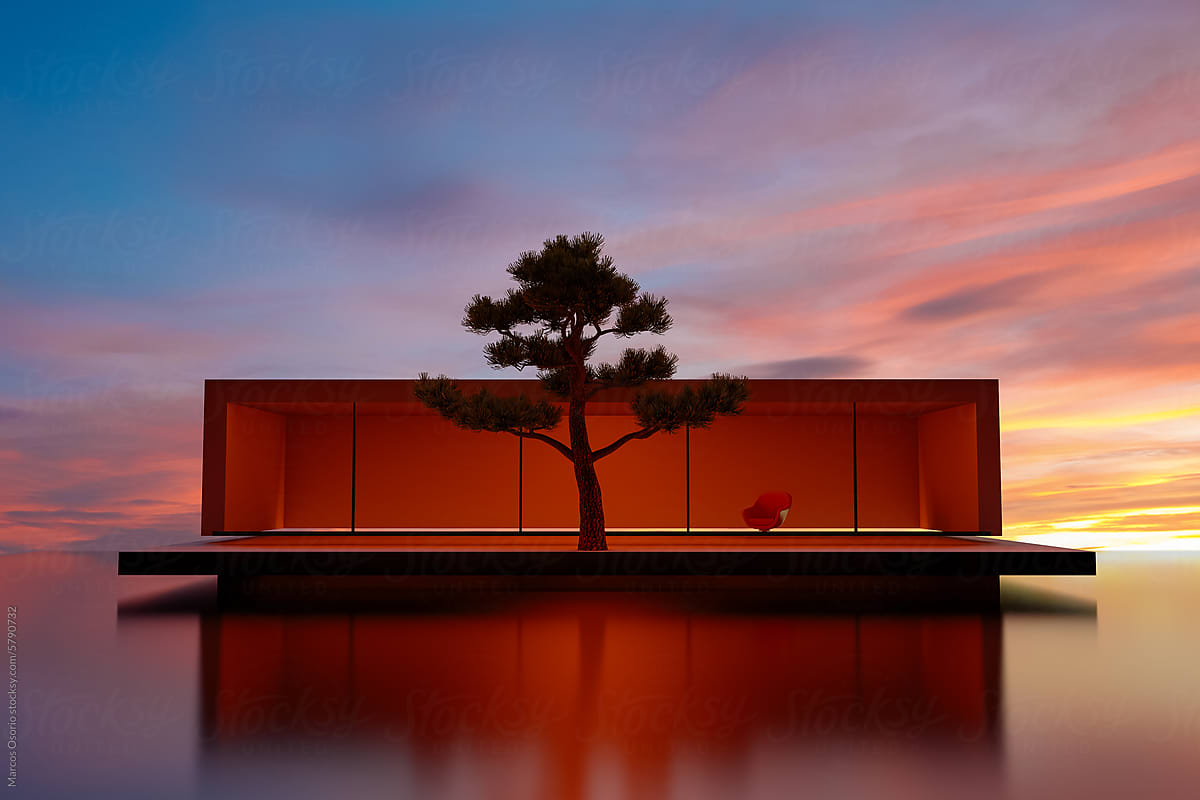 Modern architecture in the middle of a lake at twilight