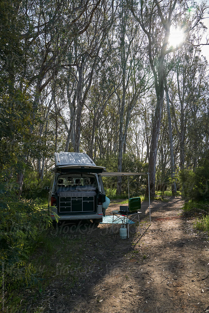 Bush camp site with campervan in Australia