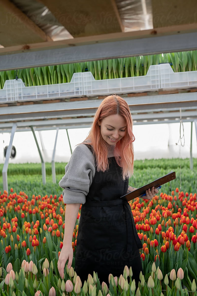cute girl gardener follows the growth of tulips