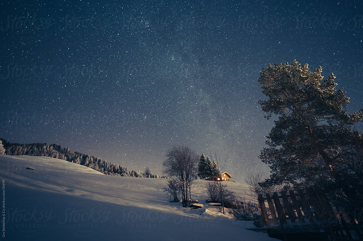 Cottage in the Alps at night