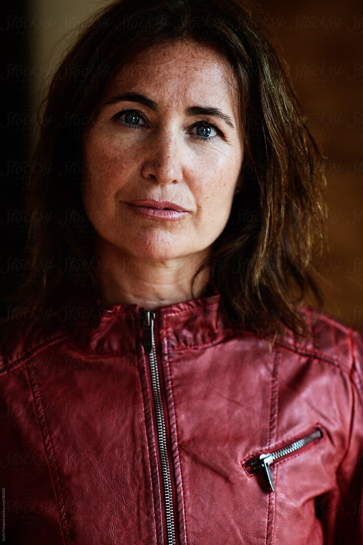 Mature brunette pics Mature Brunette In Red Leather Jacket By Guille Faingold
