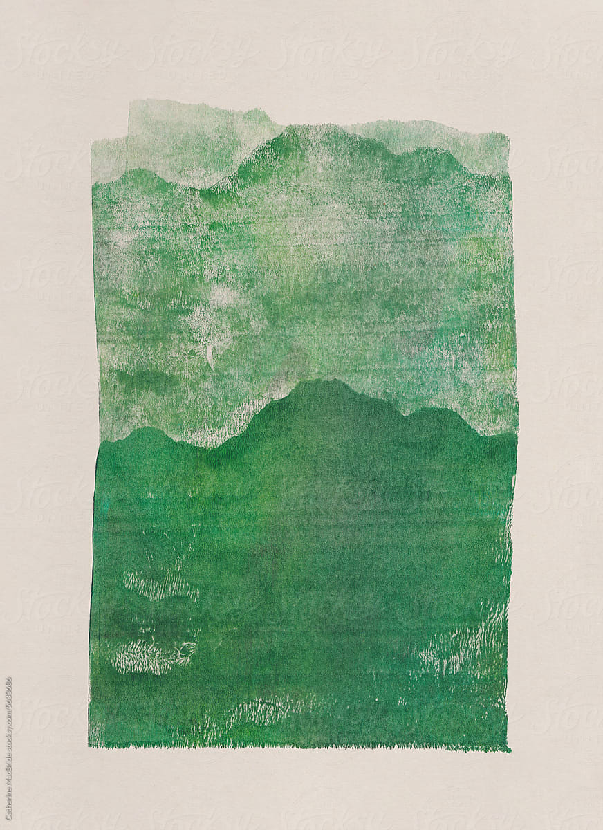 A landscape inspired acrylic mono-print in shades of green