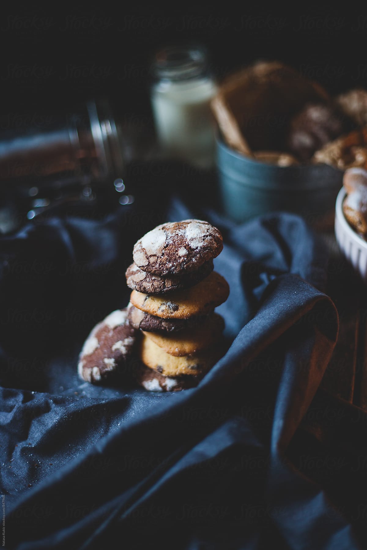 Chocolate chip and chocolate crinkle cookies still life