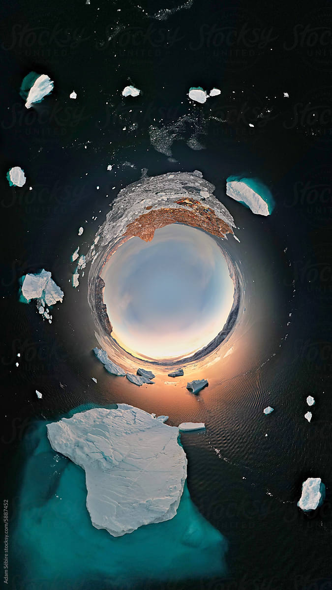 Greenland Polar Circle tiny planet inverse with icebergs