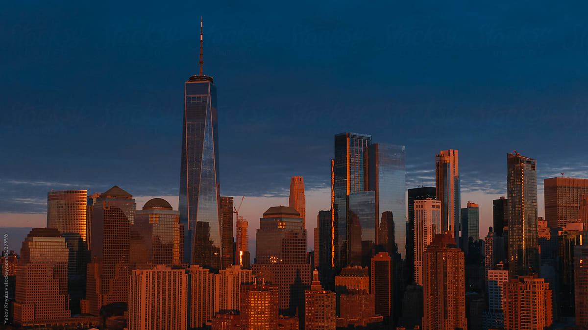 Manhattan aerial view at sunset