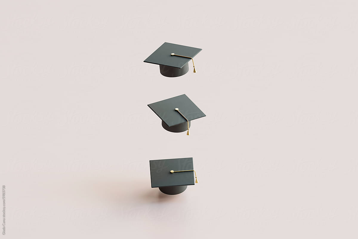 Minimalistic Graduation Caps on White Background