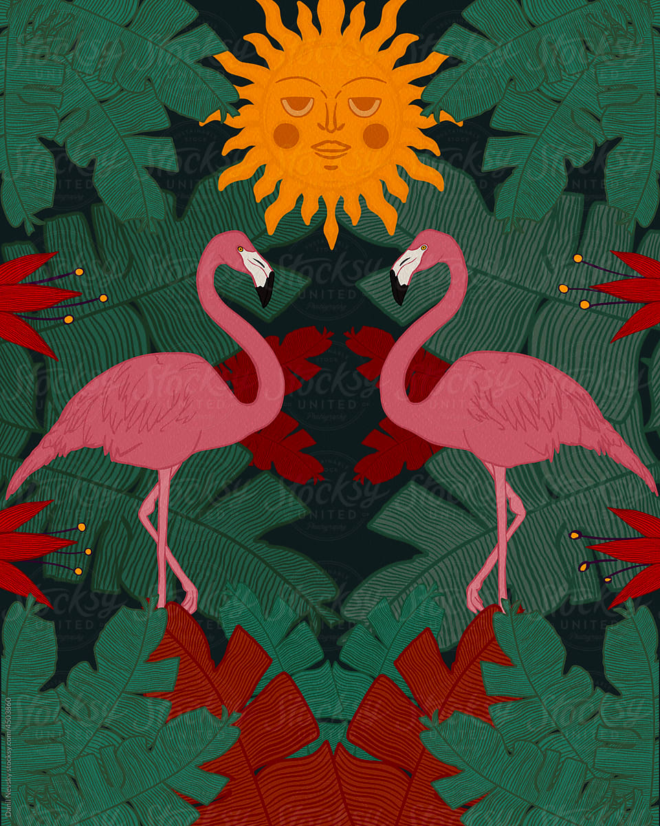 Flamingos in exotic forest under sun