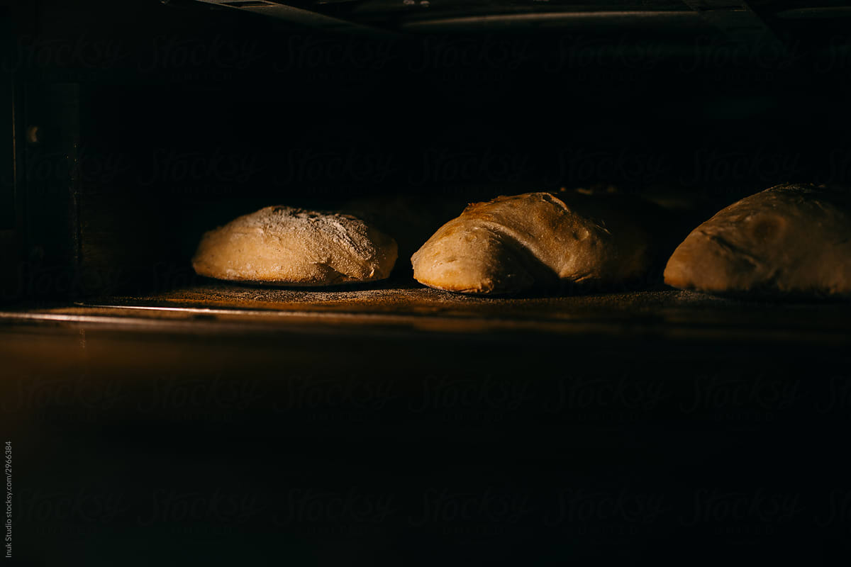 Baked artisan bread inside oven