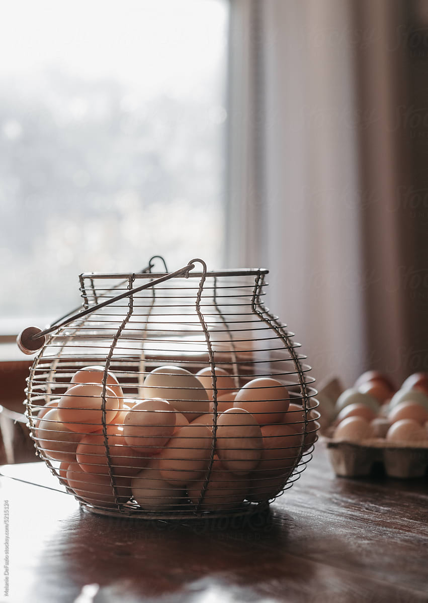 Fresh eggs in a metal basket