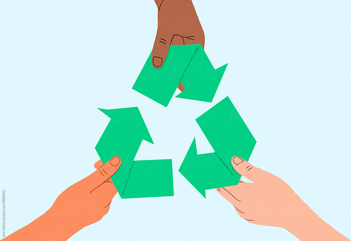 Hands, holding pieces of a green recycling symbol, Earth day concept