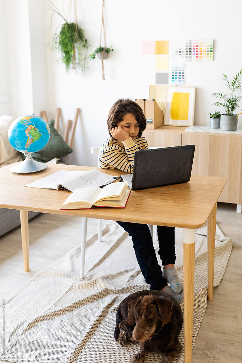 kid sitting on desk using laptop