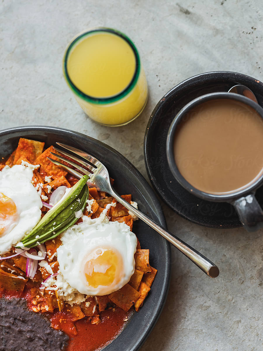 Red Chilaquiles with two fried eggs