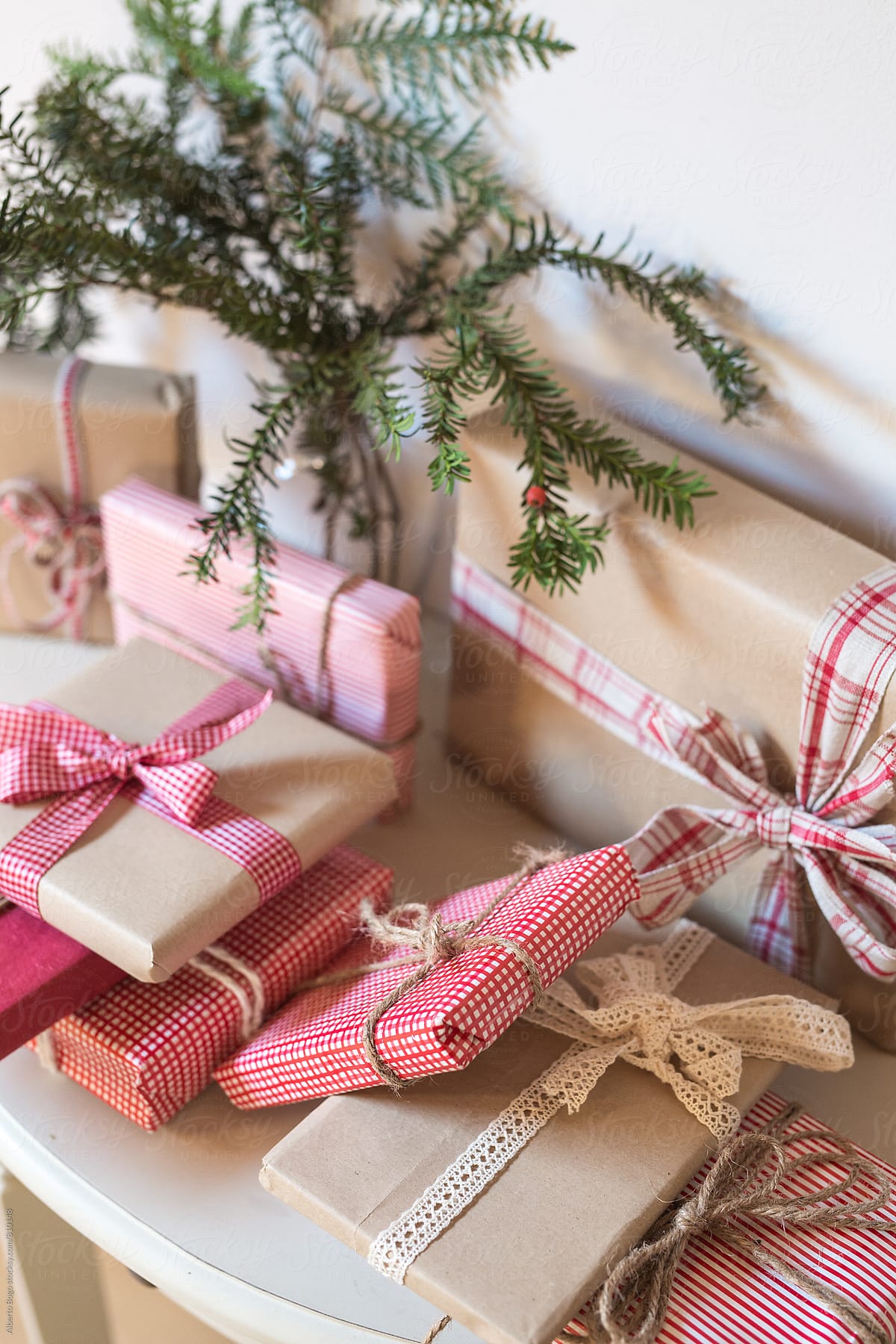 Christmas Gifts With Natural Packing On The Home Table