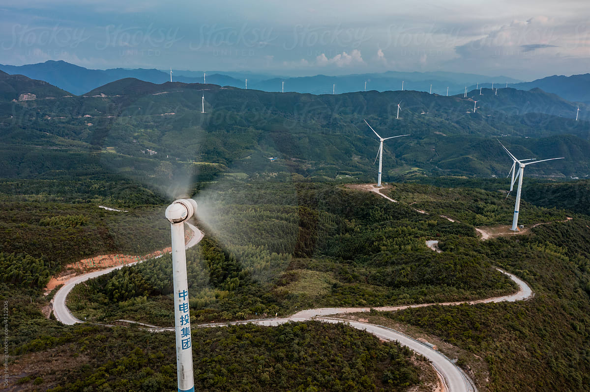 Aerial view of wind turbines on the mountain