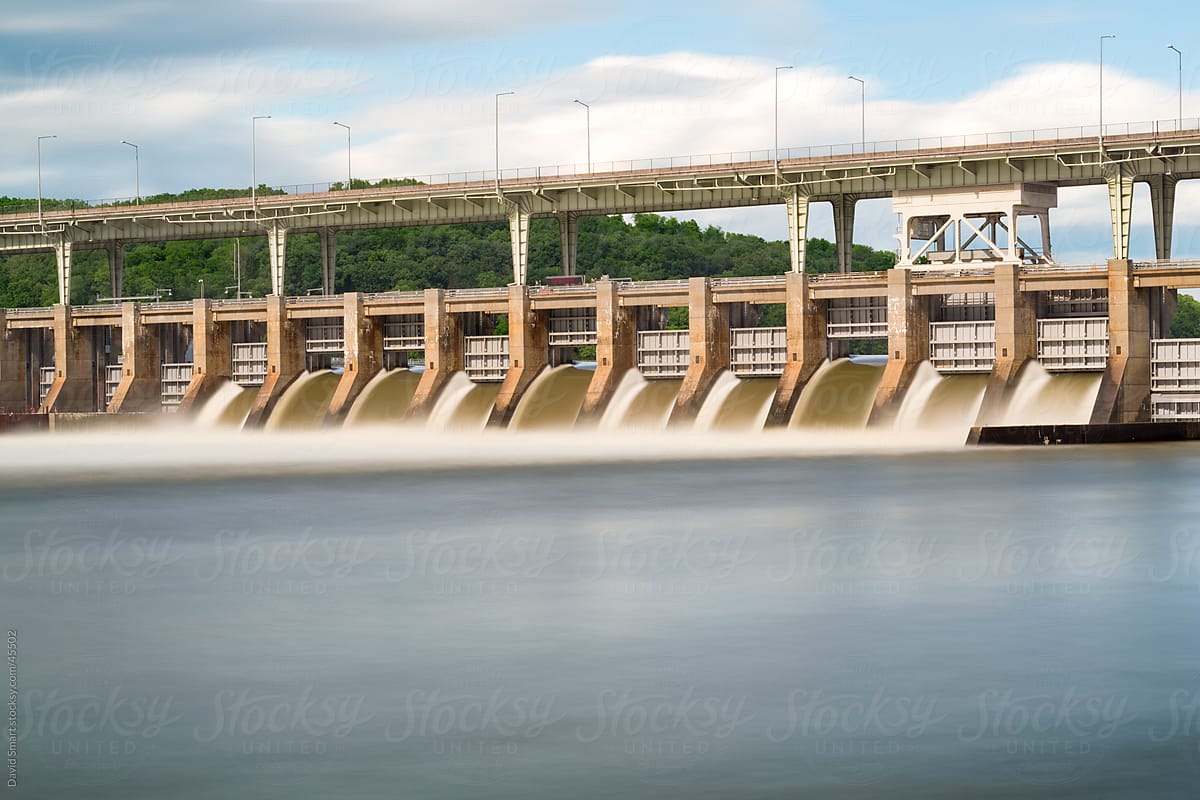 Open spillway gates, Chickamauga Dam on Tennessee River
