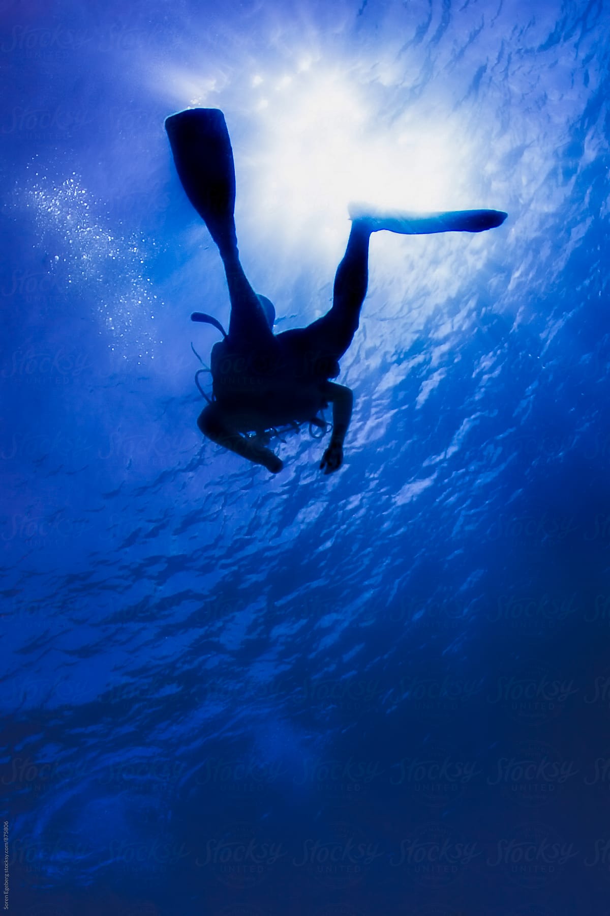 Scuba diver in silhouette swimming under water