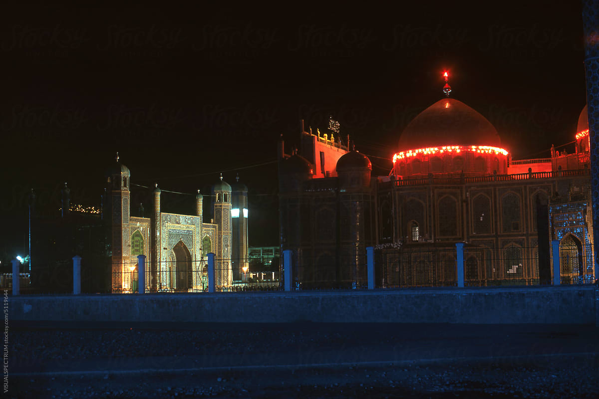 Nighttime Shot of Mosque With Red Lights