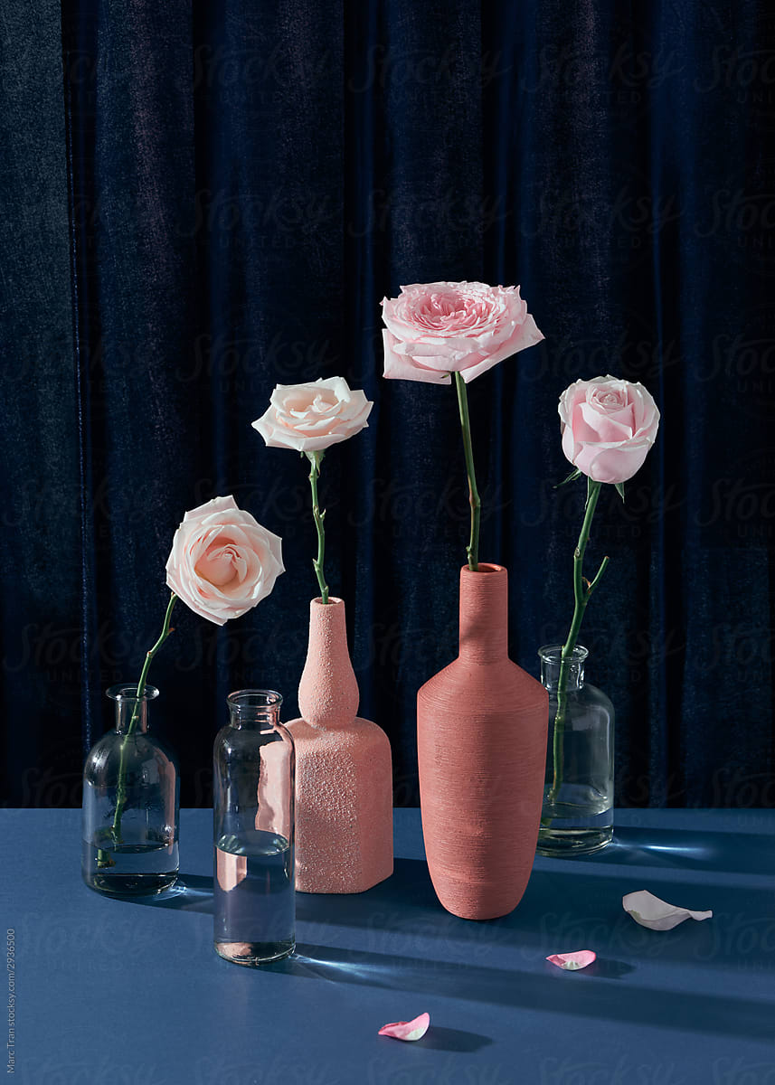Still life with pink roses in vases and draped curtain