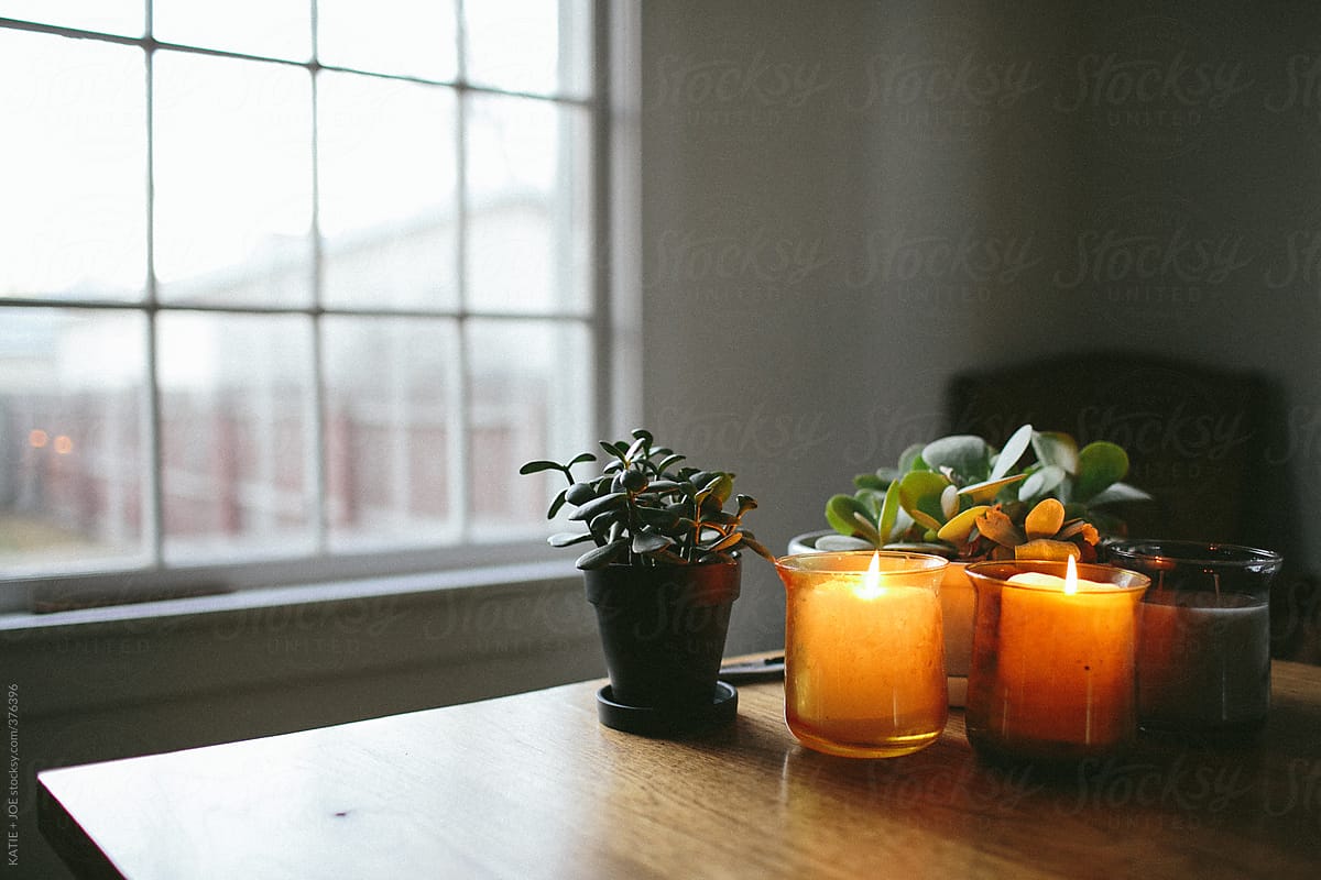 Plants and candles sitting on a table near a window