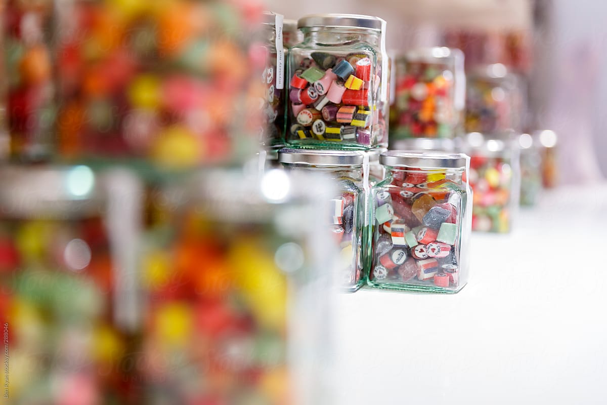 Jars of hard candy ready for sale