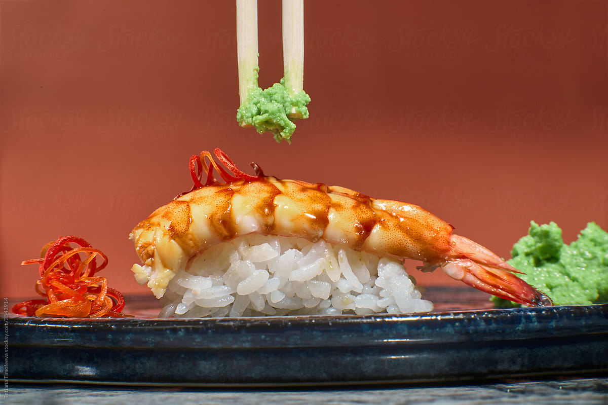 asian food modern Japanese sushi with Indian shrimp wasabi nikiri rice