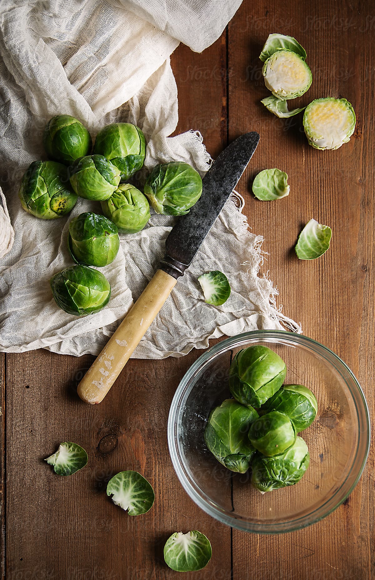 Preparing Brussels sprouts.