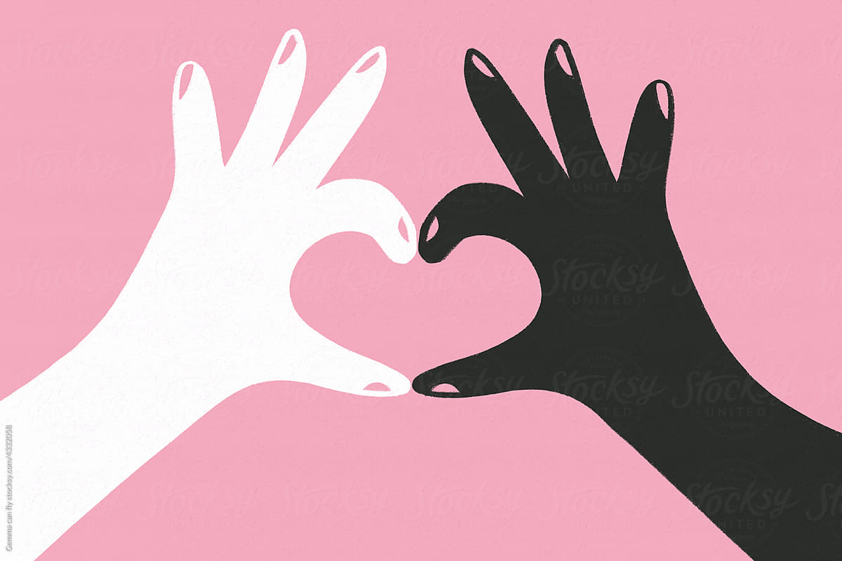 Heart shaped white and black hands illustration