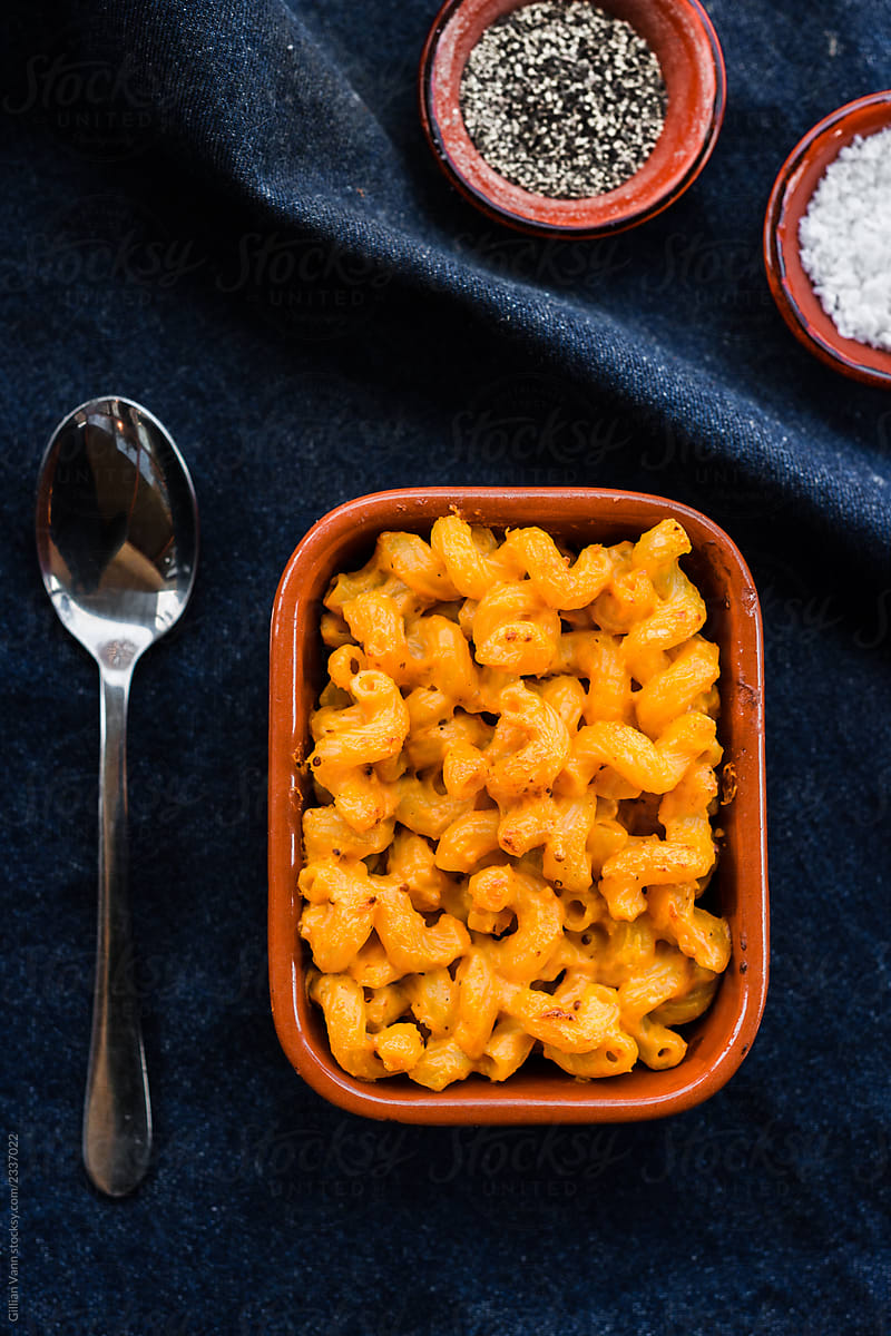macaroni and cheese on a denim background