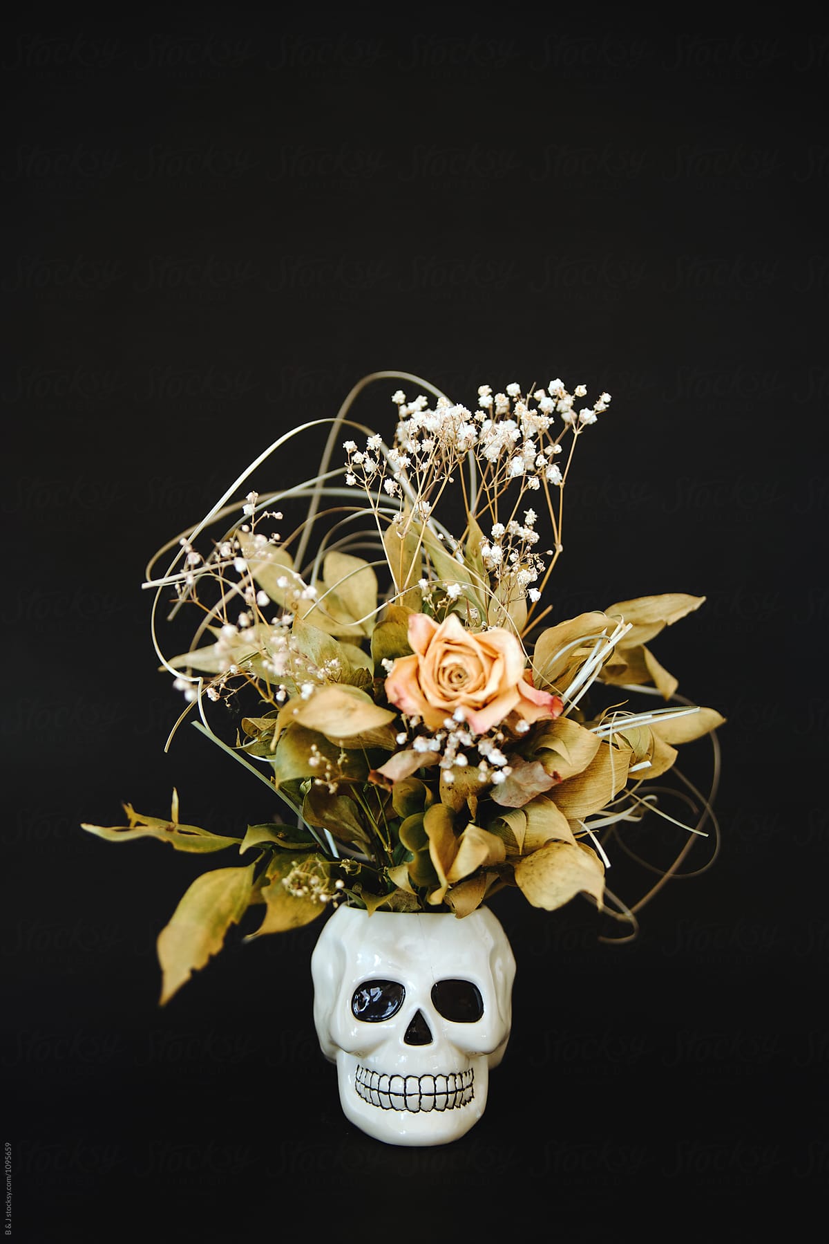 Ceramic skull with dried flowers on a black background