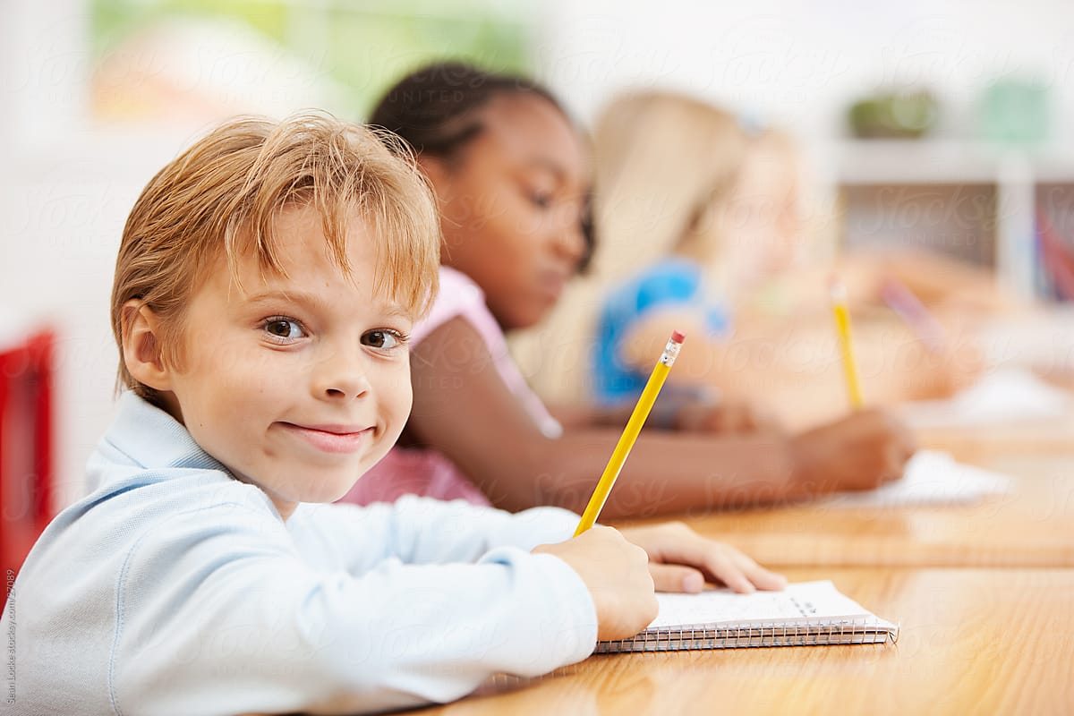 Classroom: Smart Boy Writing in Notebook