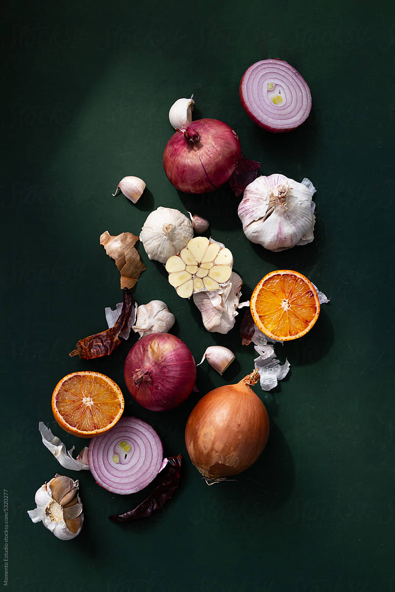 still life of fresh onions and garlic