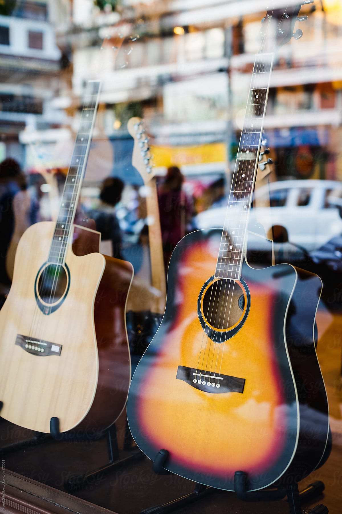 Guitars in a musical instrument shop