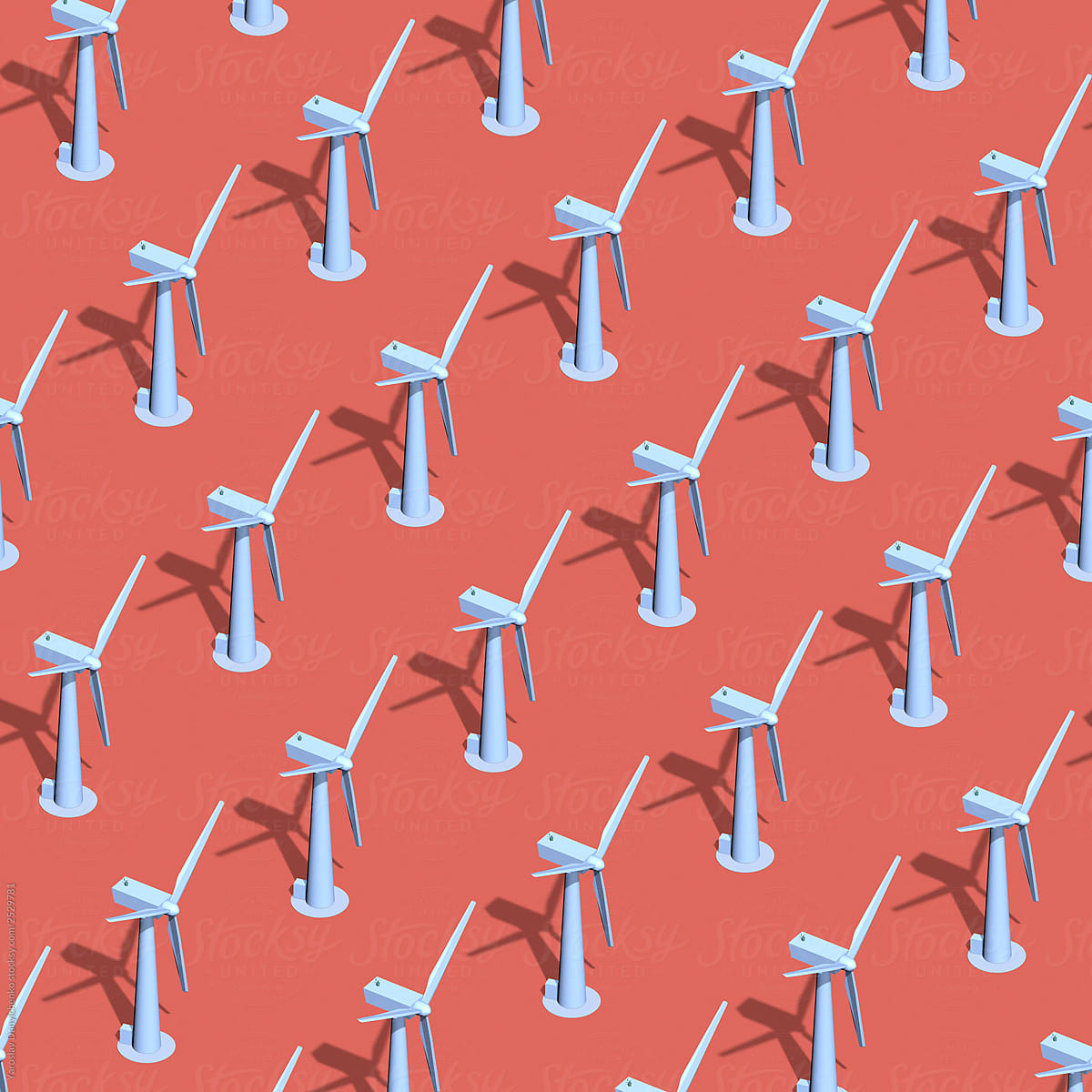 Pattern with plastic wind turbines on a living coral background.
