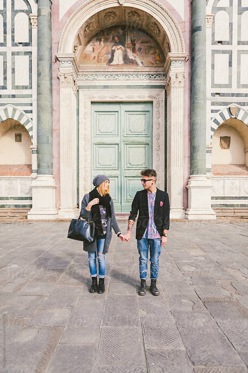 Teen Couple Together in front of a Church, Wedding Concept