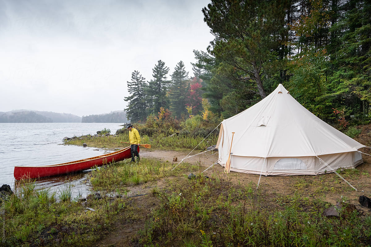 Autumn Campsite Canvas Tent Canoe Lake