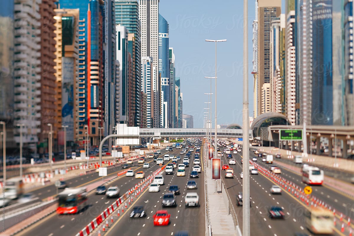 United Arab Emirates, Dubai, Sheikh Zayed Rd, traffic and new high rise buildings along Dubai's main road
