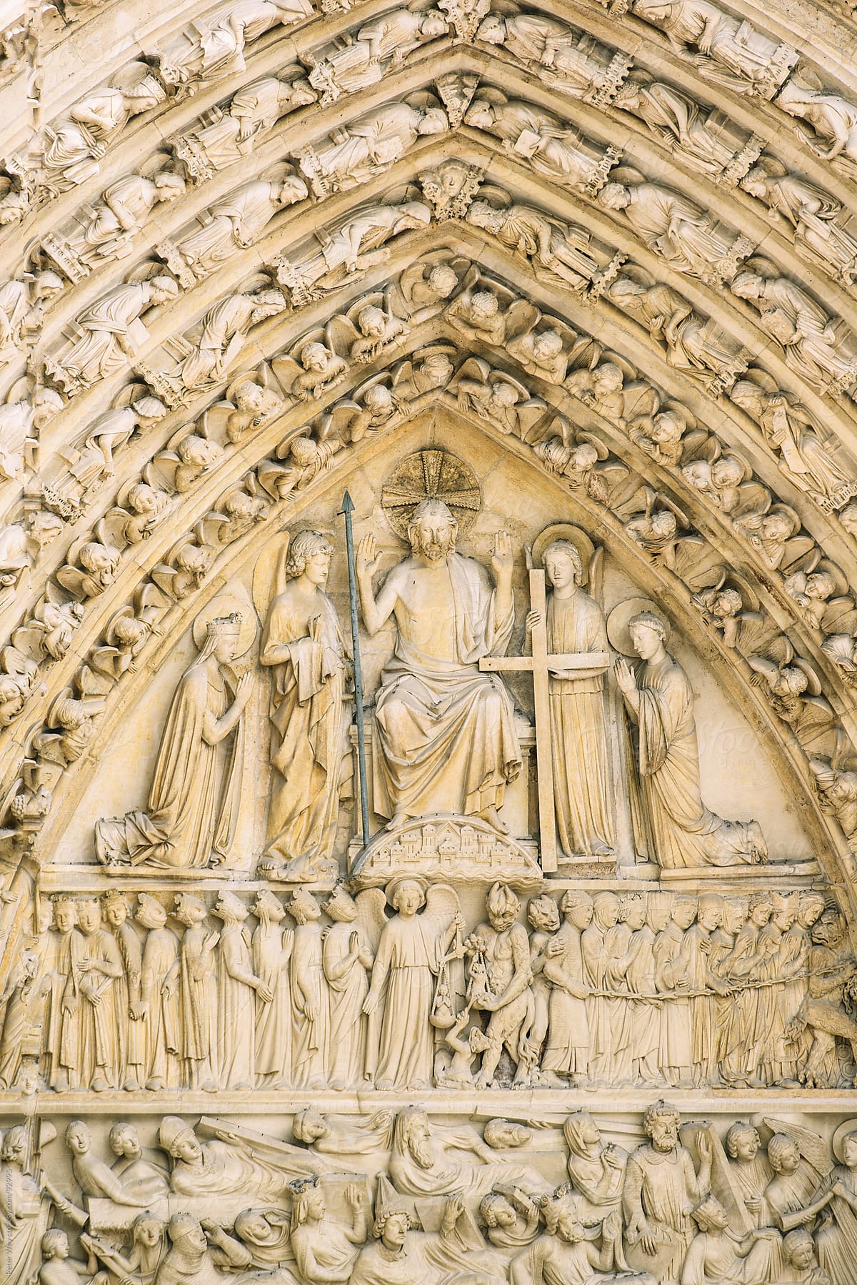 Closeup view of sculptures at the Notre Dame church in Paris