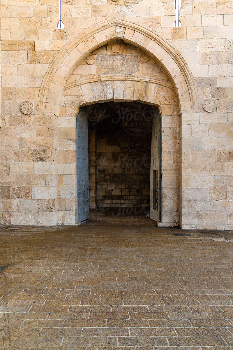 Ancient stone doorway inside of the holy Old City in Jerusalem, Israel.