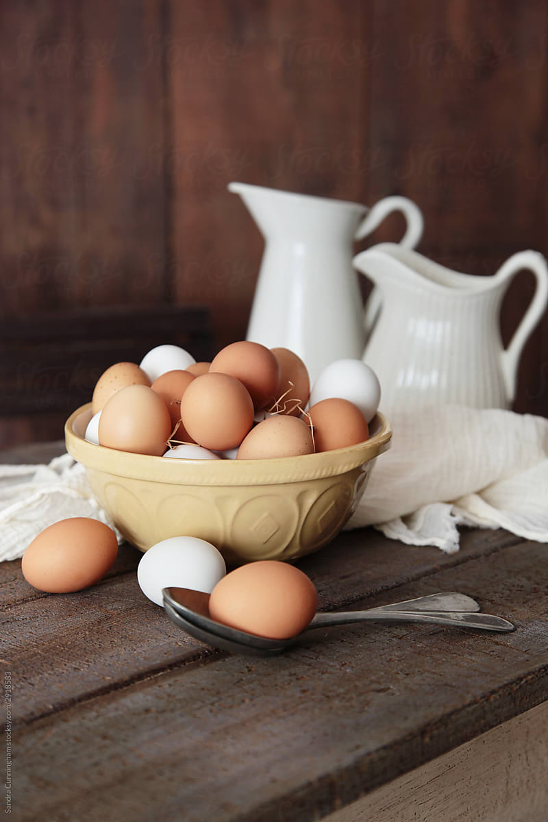 Fresh eggs on country table