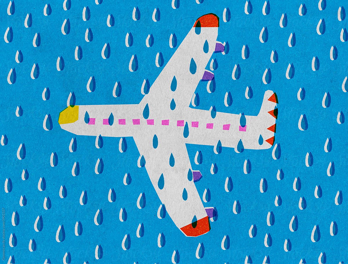 Flying plane in the rain. Retro travel illustration.