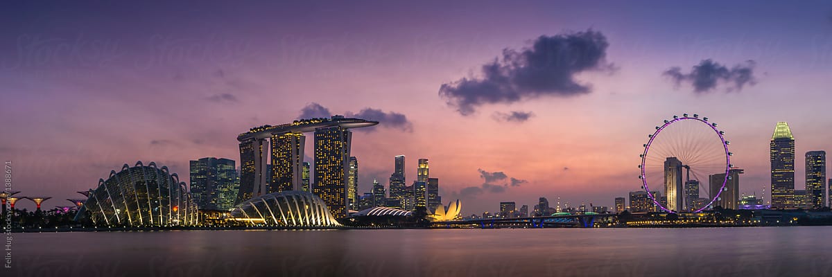 The Singapore marina bay skyline in twilight