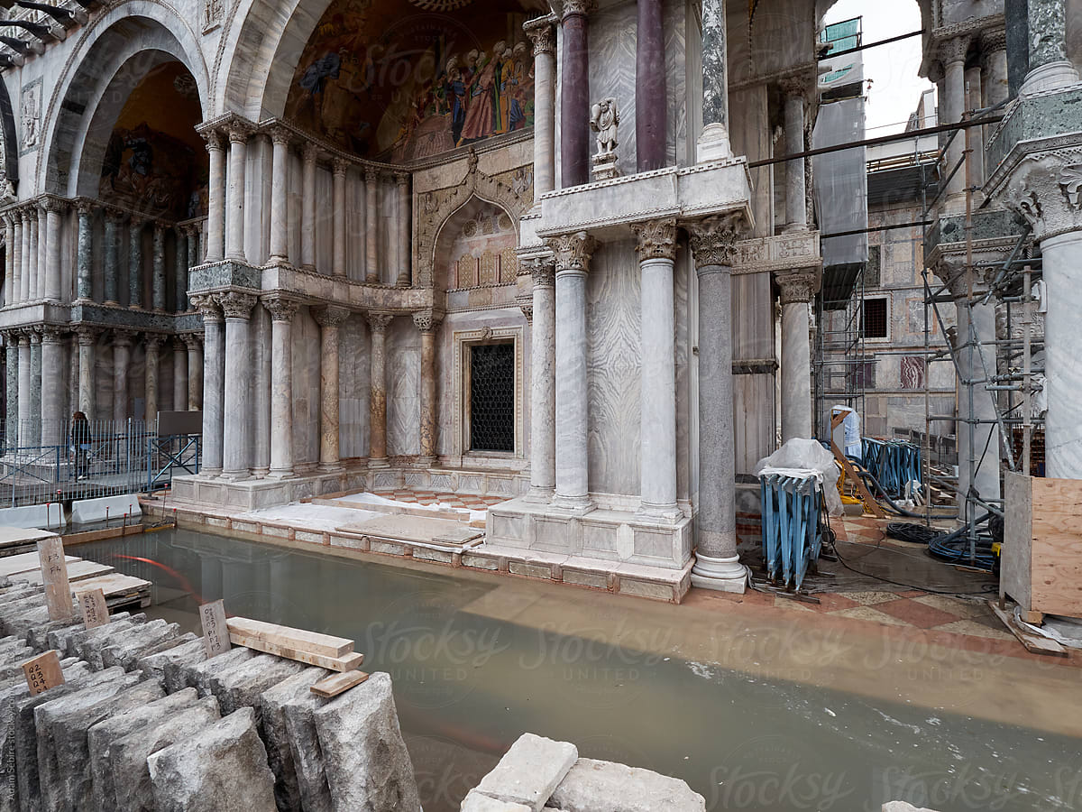 High tide floods San Marco adaptation renovations, Venice