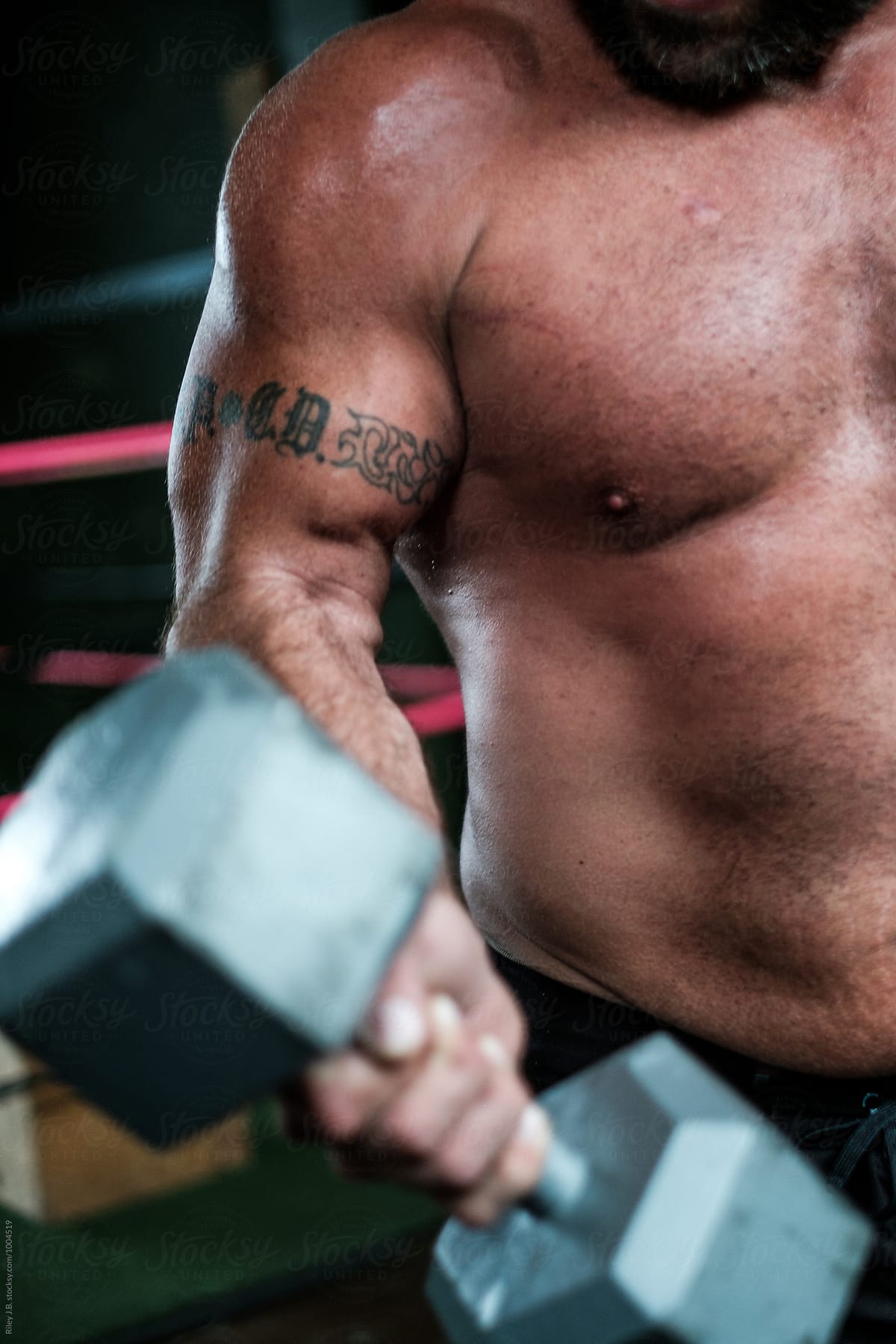 Close-up Of A Man's Tattooed Bicep As He Lifts A Dumbbell by Riley JB