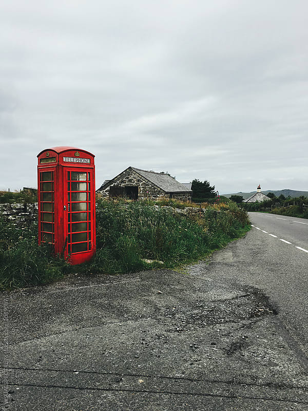 Old-Fashioned Red Phone Booth in British Countryside (Dartmoor NP, England)