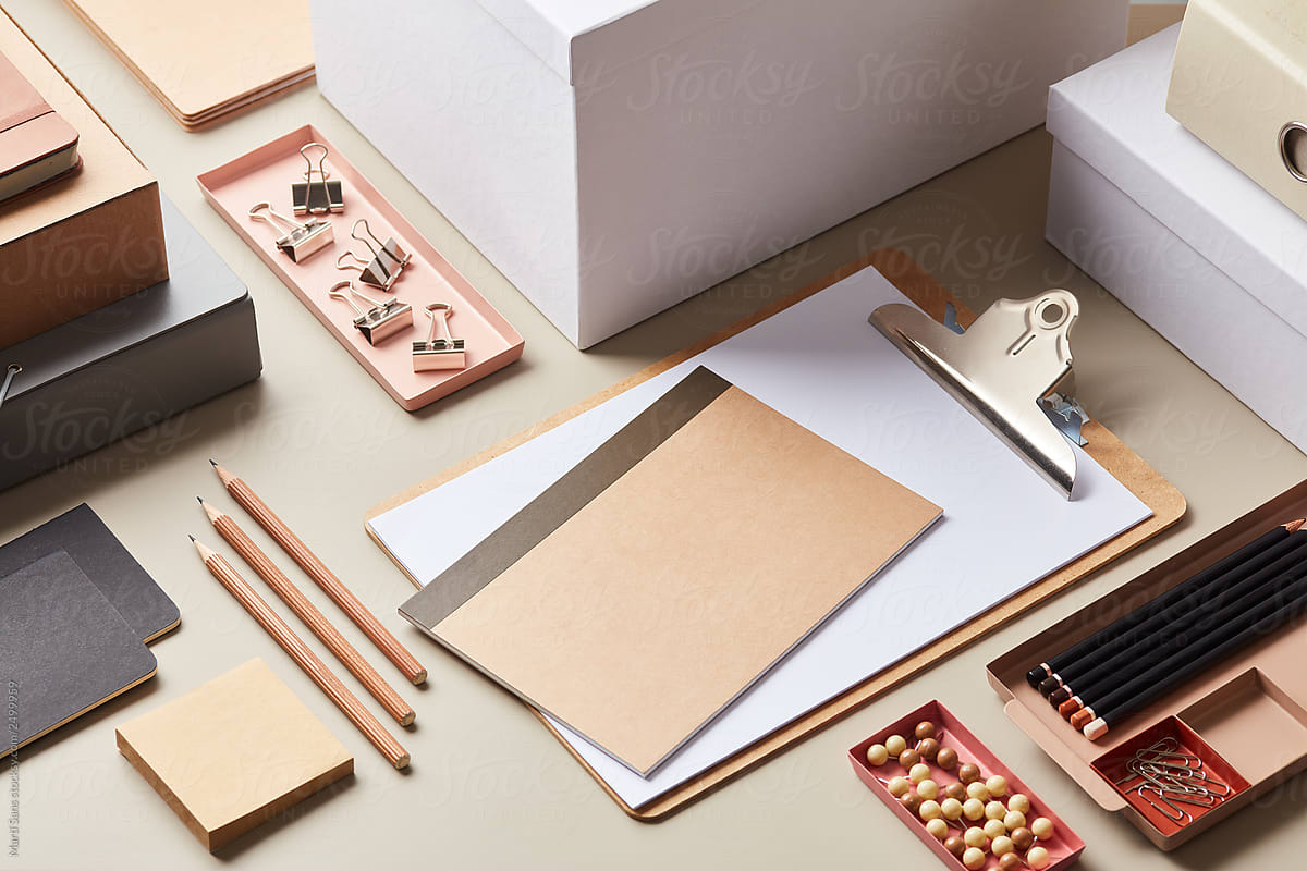 Free Photo  Overhead view of craft accessories on wooden desk