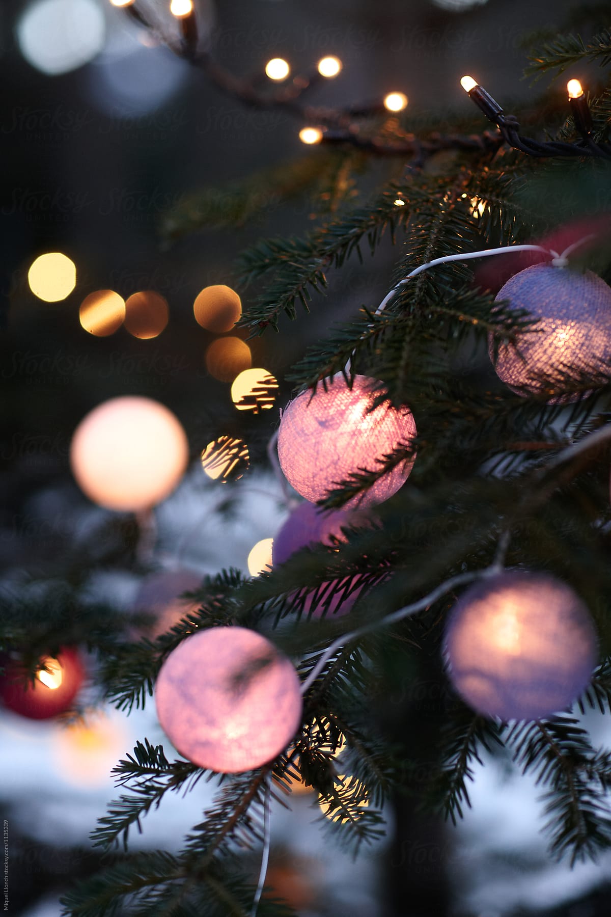 Lit colorfull  balls on Christmas tree