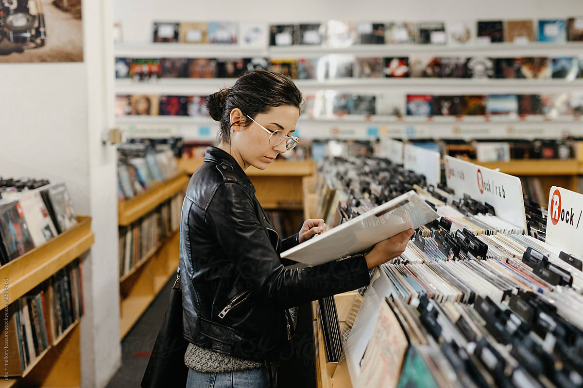 Woman in record store